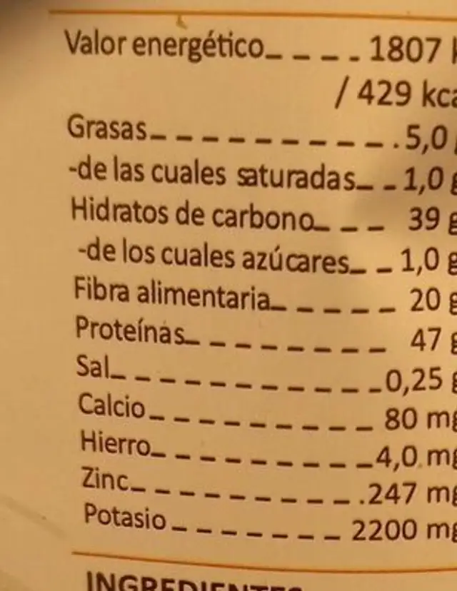 Levadura nutricional copos ecológica nutrition facts table