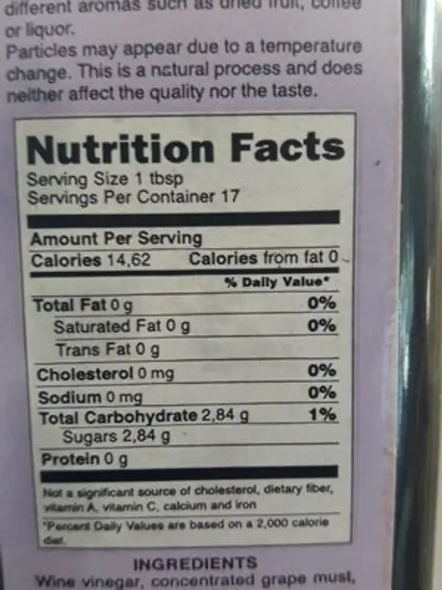 La Rambla Balsamic Di Modena Vinegar 250ML. nutrition facts table