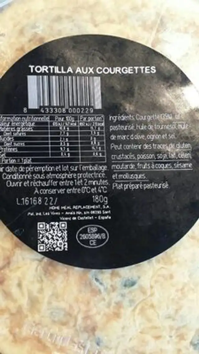 Tortilla aux courgettes nutrition facts table