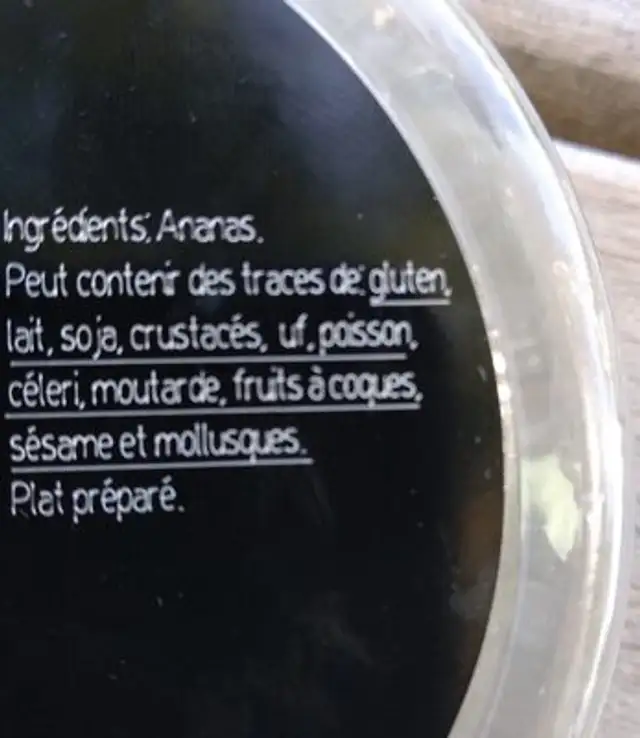 Ananas ingredients label