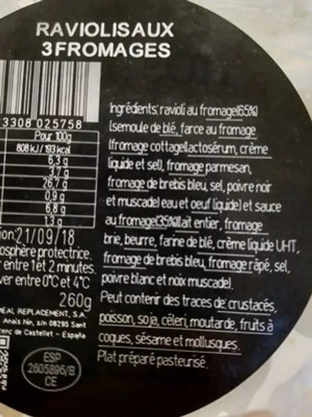 Ravioli aux 3 fromages ingredients label