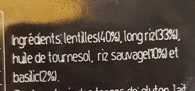 Lentilles et riz parfumé a l'huile d'olive et au basilic ingredients label