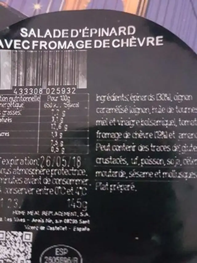 Salade d'épinards et fromage de chèvre ingredients label