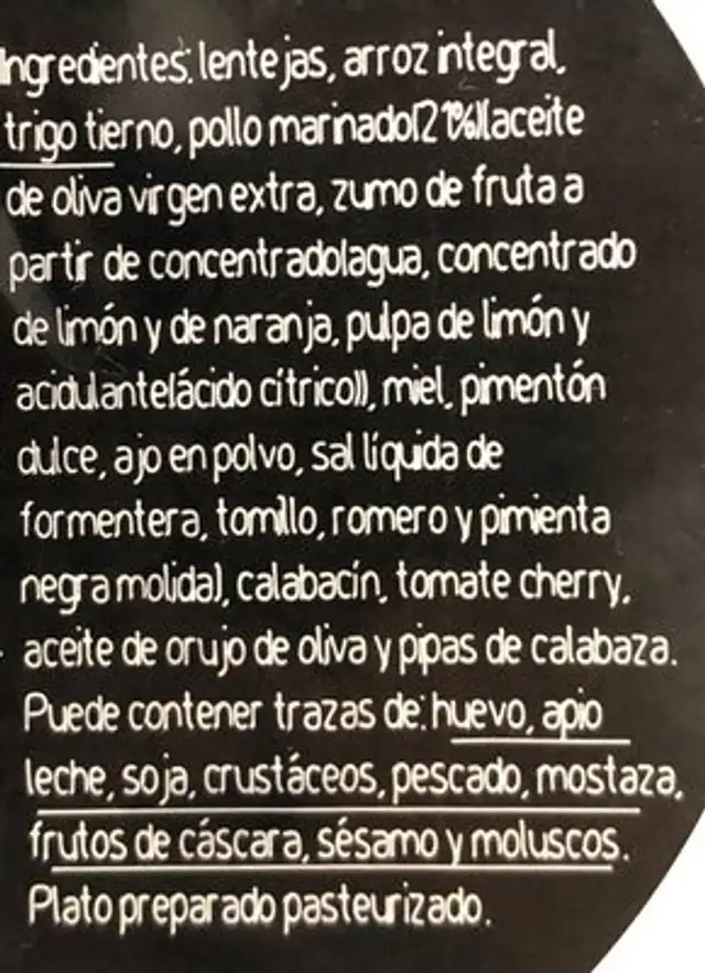 Superplato proteico con pollo ingredients label