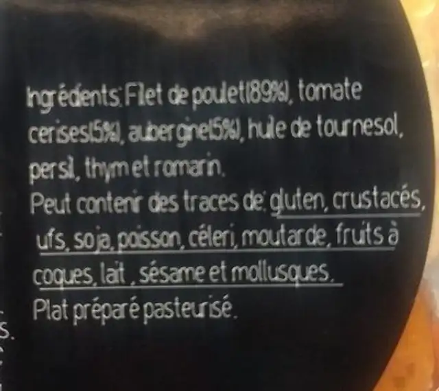 Poulet braisé aux tomates cerises et aubergines ingredients label