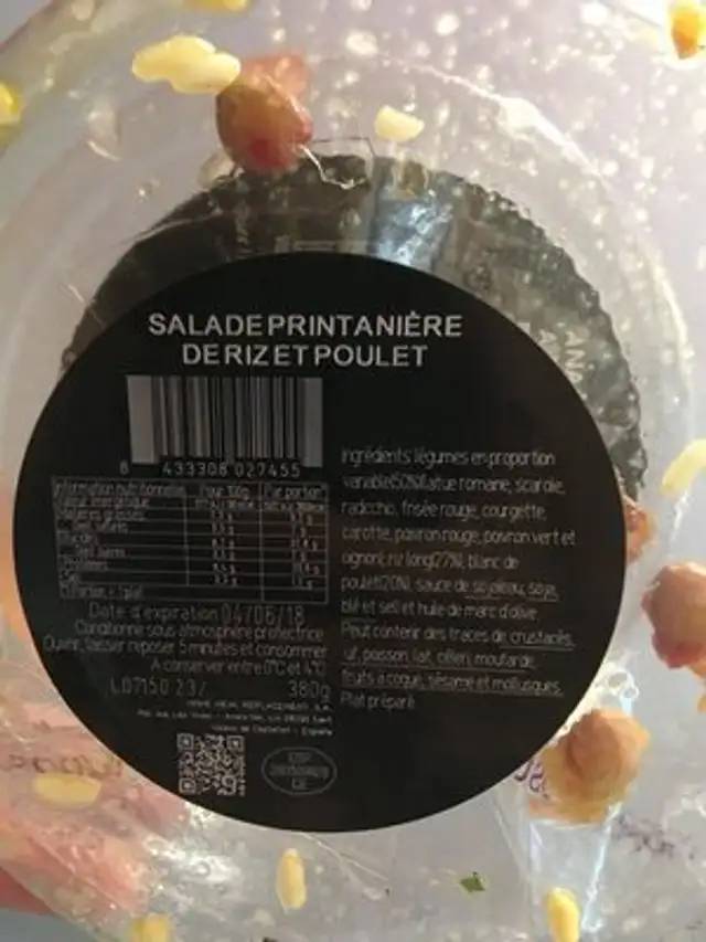 Salade riz ingredients label