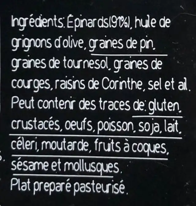 Epinards à la Mediterranéenne ingredients label