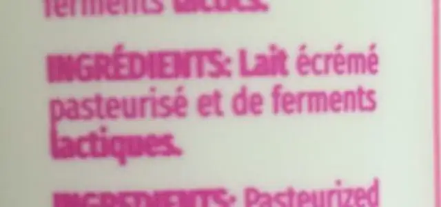 Low Fat yoghurt ingredients label