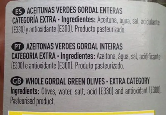 Aceitunas versés GORDAL ingredients label