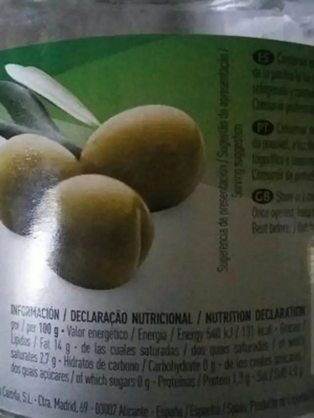 Aceitunas versés GORDAL nutrition facts table