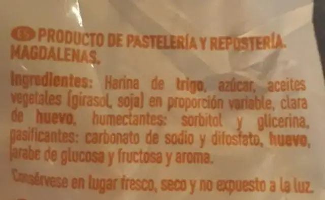 12 Magdalenas ingredients label