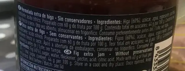 Mermelada extra higos ingredients label