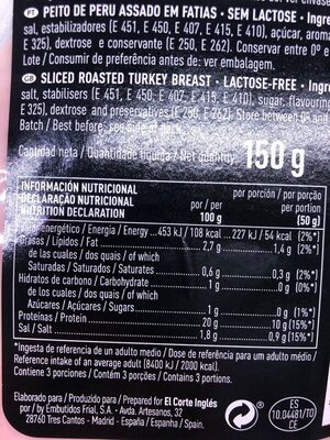 Pechuga de pavo natural nutrition facts table
