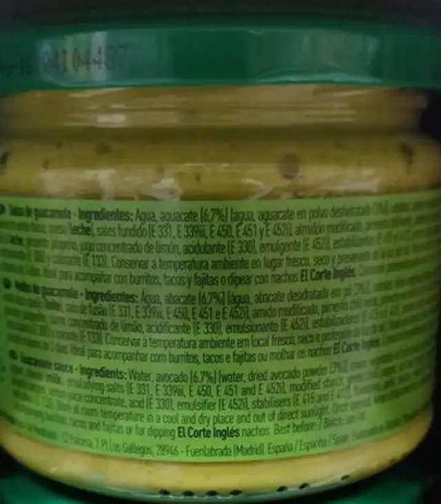 Salsa guacamole ingredients label