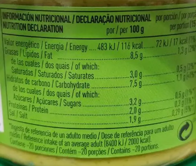 Salsa guacamole nutrition facts table