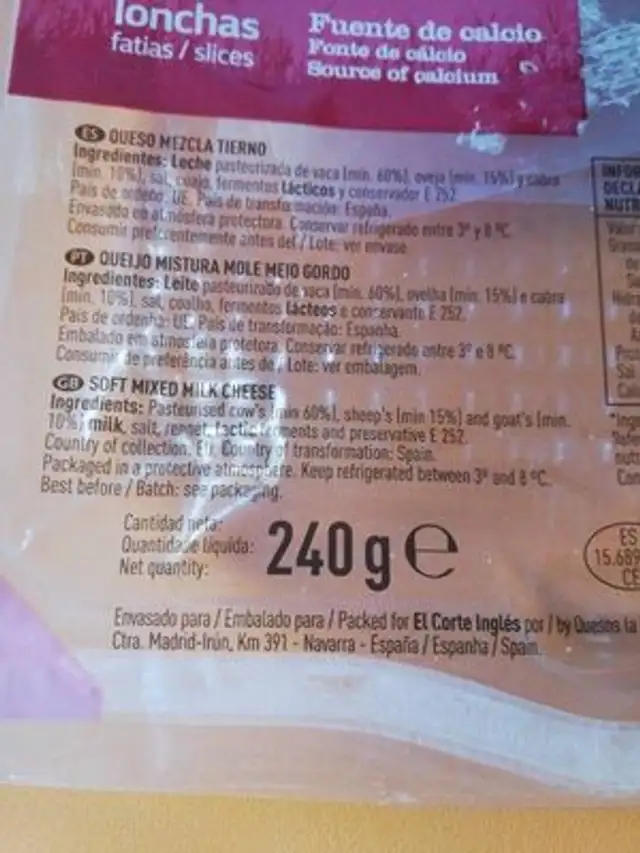 Queso tierno light en lonchas ingredients label