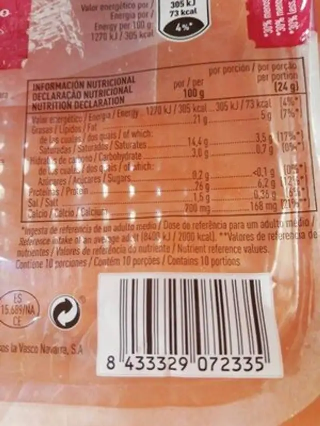 Queso tierno light en lonchas nutrition facts table