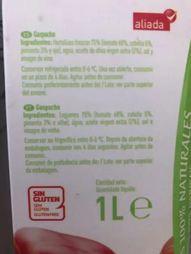Gazpacho suave sin pepino ingredients label