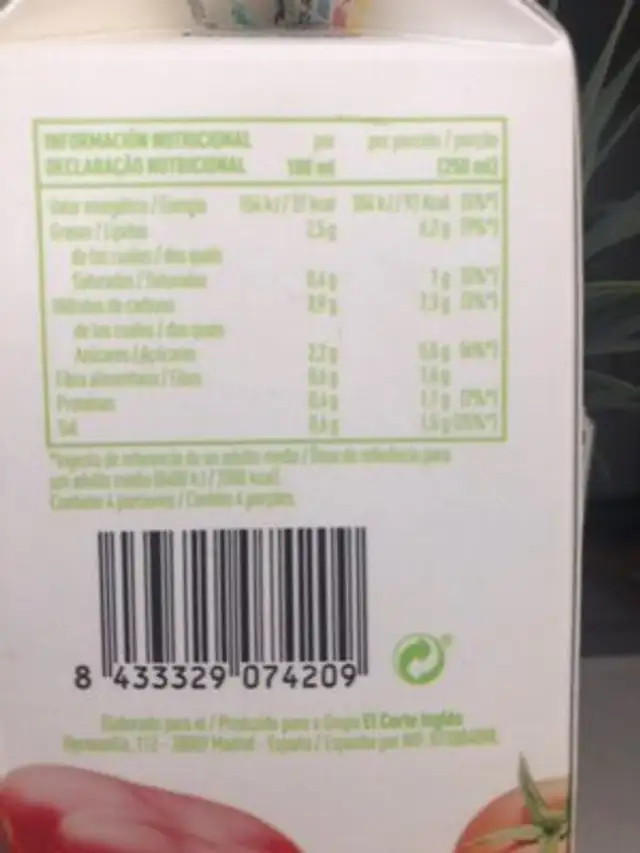 Gazpacho suave sin pepino nutrition facts table