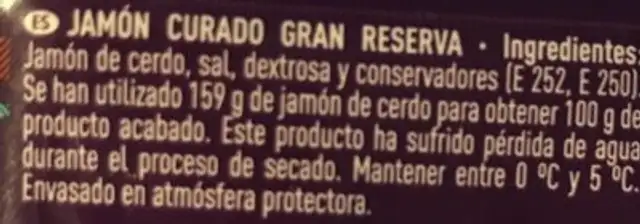 Jamon serrano gran reserva ingredients label