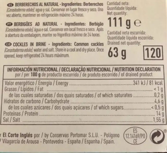 Berberechos al natural de las rías gallegas nutrition facts table