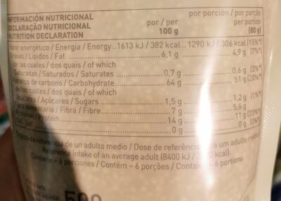 Semillas de quinoa ecológicas y sin gluten nutrition facts table