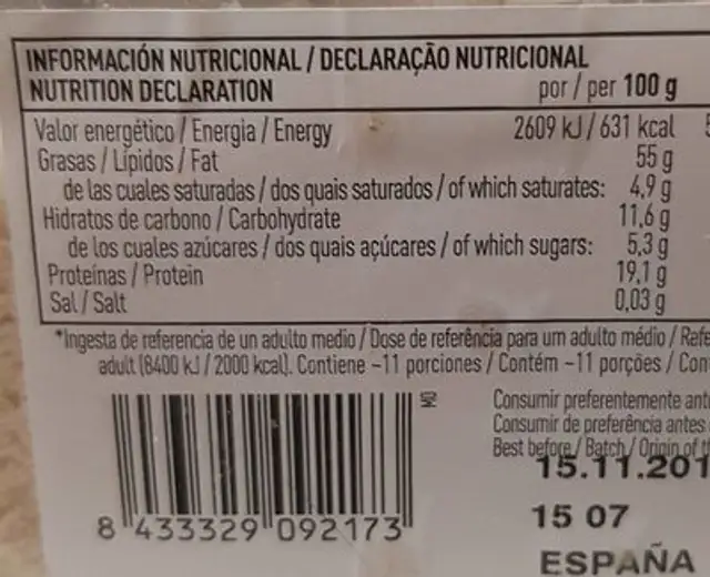 Almendras marcona molidas nutrition facts table