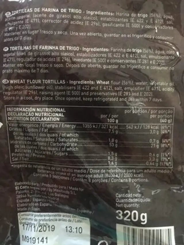 Tortillas de trigo nutrition facts table