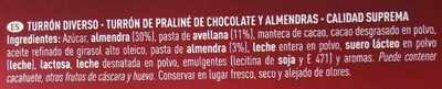 Turrón de chocolate y almendras praliné ingredients label