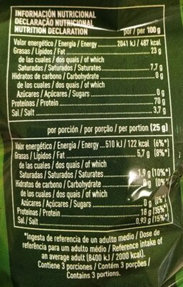 Cortezas de cerdo fritas nutrition facts table