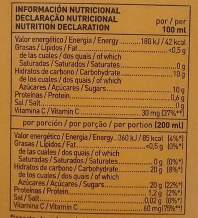 Zumo de Naranja nutrition facts table