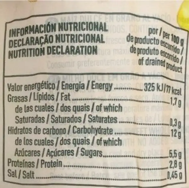 Maíz dulce en grano nutrition facts table