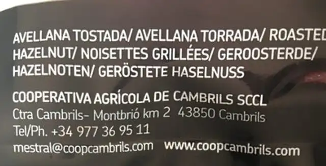 Avellana tostada Negreta ingredients label