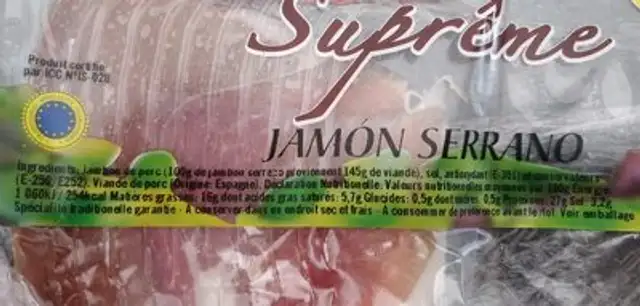 Jambon de serrano ingredients label