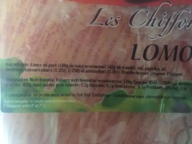 Lomo ingredients label