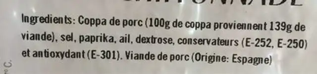Coppa chiffonnade ingredients label