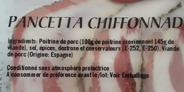 Pancetta chiffonade ingredients label