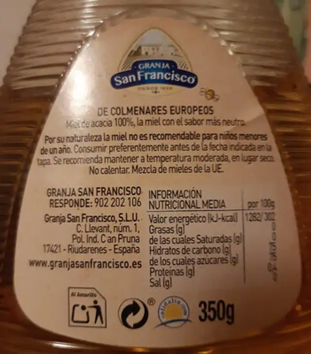 Miel para el café ingredients label
