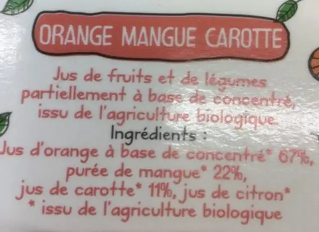 Orange Mangue Carotte ingredients label