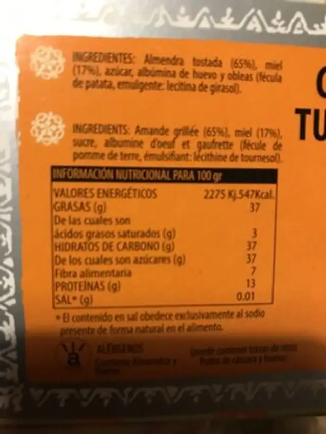 Turron Santo Tomé ingredients label