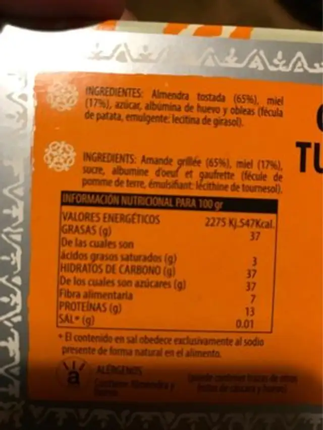 Turron Santo Tomé nutrition facts table