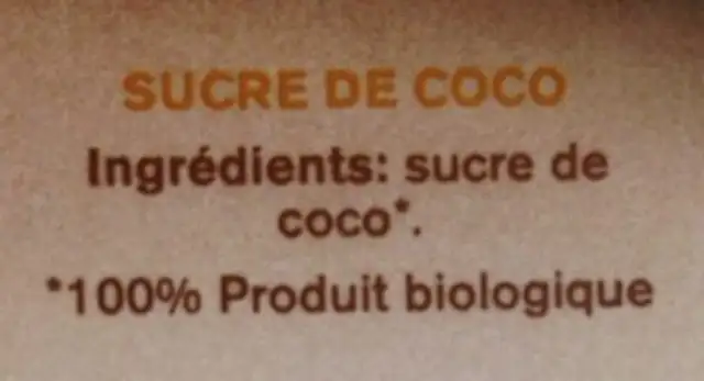 Sucre de coco ingredients label