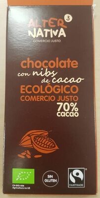 Chocolate con nibs de cacao ecológico comercio justo 70% cacao