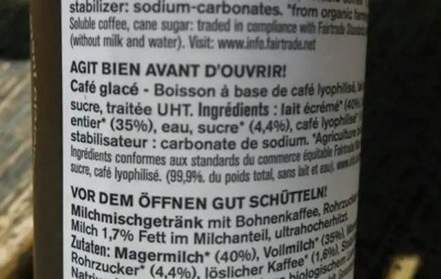 Bio Café latte ingredients label
