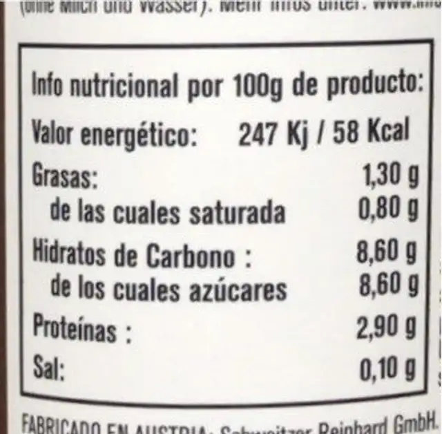 Bio Café latte nutrition facts table