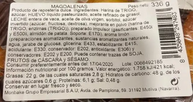 Magdalenas nutrition facts table