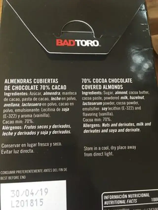 Chocoalmonds ingredients label