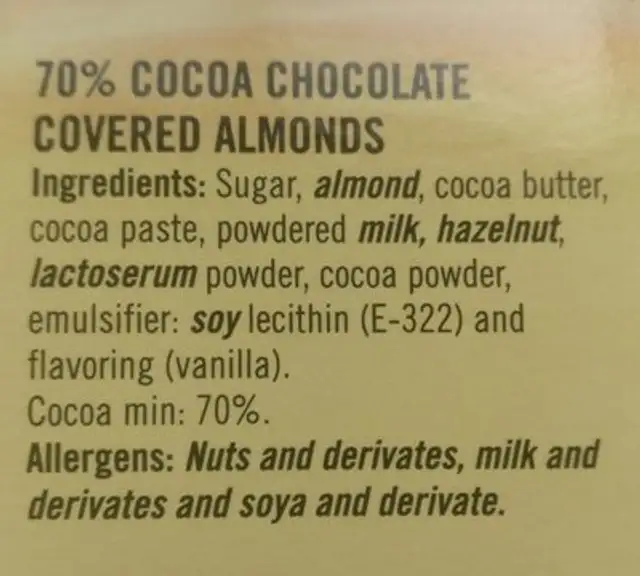 Chocoalmonds ingredients label