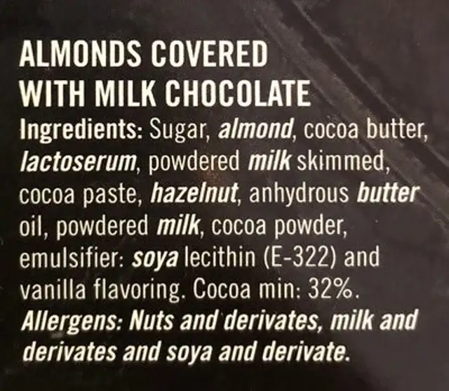 Amandes couvertes de chocolat au lait ingredients label
