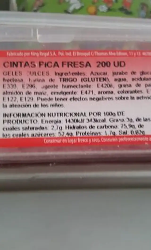 KR Lengua Fresa Pica 200 Und ingredients label